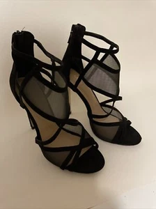 ALDO Heels Strappy Sandals Stiletto Black Suede Sz 6.5 Zippered - Picture 1 of 6
