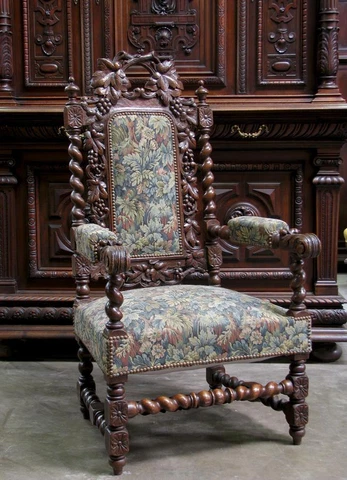 Antique French Renaissance Carved Oak Hunt Arm Chair Cover