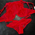 NWT Victoria's Secret high-neck unlined 32D BRA SET+S Strappy panty RED lace
