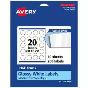 Avery Round Labels with Sure Feed 1.5" Diameter 200 Labels 10 Sheets Matte White - Picture 1 of 6