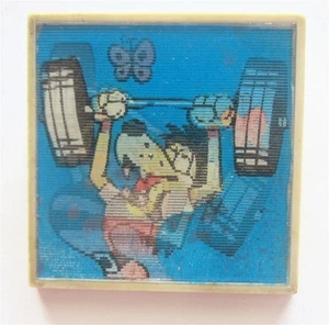 WEIGHTLIFTING CARTOON PIN WITH CHANGING PICTURE: WOLF, BUTTERFLY & BARBELL - Picture 1 of 3