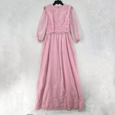 IMPRESIONANTE Maxi Vestido Vintage Encaje 6/8 Miss Elliette Rosa Gasa Transparente De Colección? Foto 1 de 4