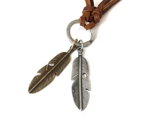 NEW Leather Men's Feathers Brush Metal Pendant Surfer Necklace Choker Adjustable - Picture 1 of 2