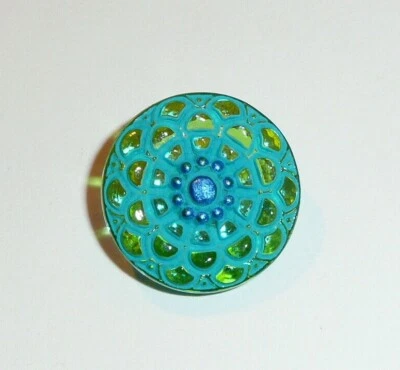 Czech Glass Mandala Peridot w Sea Green Wash Blue Center Shank Button 18mm  - Image 1 of 4