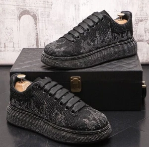 New Men Charm Rhinestones Thick Bottom Casual Vulcanization Sneakers Black Shoes - Picture 1 of 12