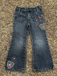 Old Navy 4T Girls Jeans Embroidered Buttons Embellishment Flare Adjustable Waist - Picture 1 of 6