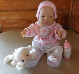 New Born BergUSA Doll 14" with White Lamb Toy, Bottle & Pink One Piece Outfit - Picture 1 of 3