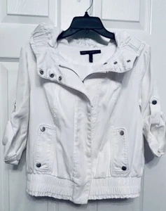 WHBM White Utility Bomber Jacket Full Zip Snap Roll Sleeve Small EUC - Picture 1 of 10