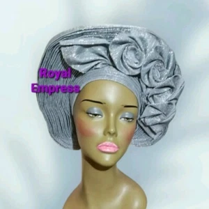 Aso-Oke African Headtie Auto Gele, Metallic Grey Empress  headwear - Picture 1 of 2