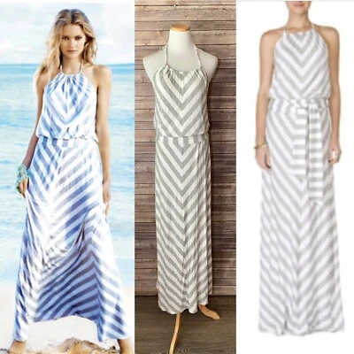 Michael Stars Halter Maxi Dress SMALL Jersey Gray White Chevron Stripes Stretch - Image 1 of 4