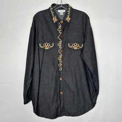 Vtg Adolfo Woman’s Blouse sz Lg Black Denim 1980’s Gold Embellished & Rhinestone - Image 1 of 4
