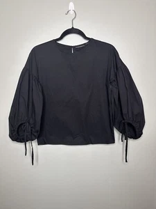 Halogen Black Bell Sleeve Top Blouse 3/4 Sleeve Size Small Drawstring On Sleeve - Picture 1 of 17