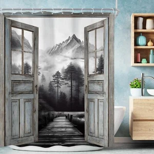 Mountain Shower Curtain 60x72" Barn Door Scenery Landscape Woodland 12 Hooks - Picture 1 of 8