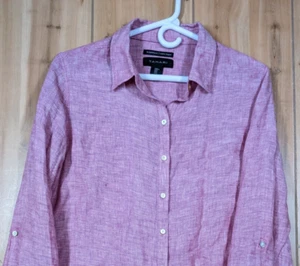 Robe chemise tunique rose TAHARI 100% lin manches roulées onglet moyen superposé printemps - Photo 1/9