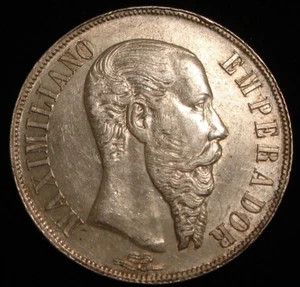 1866 Mo MEXICO Maximilian Silver 1 Peso AU+ details-some hairlines from cleaning - Picture 1 of 3