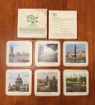 6 винтажных подставок Pimpernel Fayrenings с пробковой подложкой лондонская достопримечательность оригинальная коробка - Изображение 1 из 4