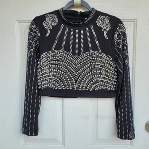 Crop Top Womens Sz M Black Rhinestone Beaded Embelished Long Sleeve Mesh  - Picture 1 of 9