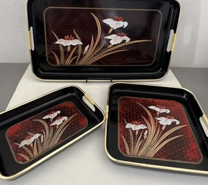 Vintage 1970's Toyo Trading Co 3 Piece Floral Black Lacquerware Nesting Tray Set - Picture 1 of 21