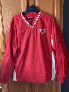 Coca-Cola Capital Classic Staff Red V Neck Windbreak Nylon Sz Large Red Pockets - Picture 1 of 5