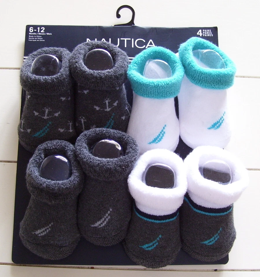 男孩 Nautica 4 双 Pr 灰色白色蓝色短靴袜 6-12 个月 — 第 1/1 张图片