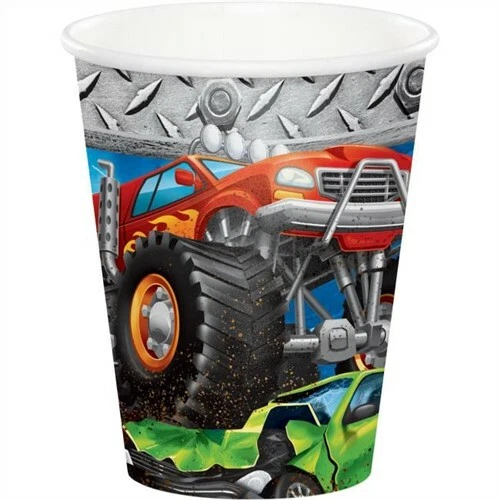 Paquete de 8 tazas frías/calientes Monster Truck Rally de 9 oz vajilla de cumpleaños para niños de papel Foto 1 de 2