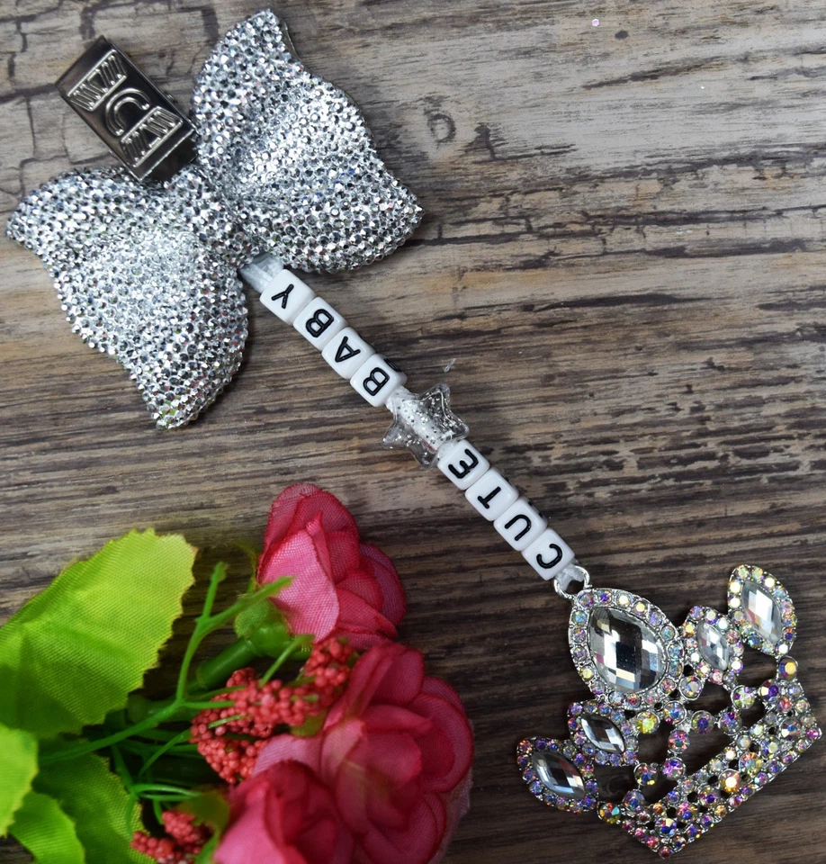 Personalised pram charm with Silver Shiny bow and crystal Crown