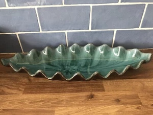 Vintage MCM Long Turquoise Wave Shaped Drip Ceramic Dish Made Canada 40cm Wide - Picture 1 of 10