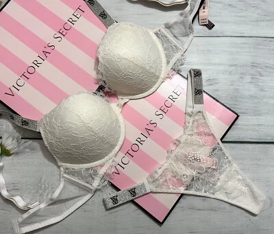 Victoria’s Secret VS Shine Strap Very Lace Push-Up Bra Thong Set White - Image 1 of 4