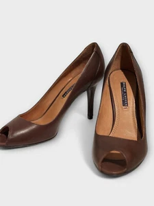 RALPH LAUREN Peeptoe Pump, tacón tapizado en cuero, aprox. 8 cm, marrón, talla 41 - NUEVO - Imagen 1 de 13
