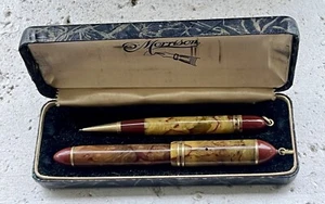 Vintage 14k Nib Morrison Onyx Fountain Pen And Pencil Set w/ Original Case - Picture 1 of 6