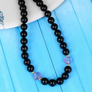 Handmade 8mm Natural Black Tourmaline Amethyst Round Beads Chain Silver Necklace - Picture 1 of 5