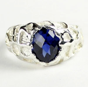 Created Blue Sapphire, 925 Sterling Silver Men's Ring, SR168-Handmade - Picture 1 of 5