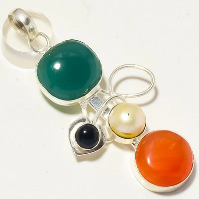 Colgante Joyería Regalo Navidad Hecho a Mano Ónix Verde y Multi Piedras Preciosas 3.1" H698 Foto 1 de 2