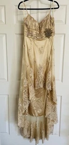 Terani Couture Dress Long Gown Hi Low Hem Prom Gold Beaded Lace Women Sz 12 - Picture 1 of 7