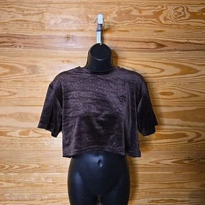 Adidas Shirt Women's Medium Brown Crop Top Boxy Velour Short Sleeve - Picture 1 of 5