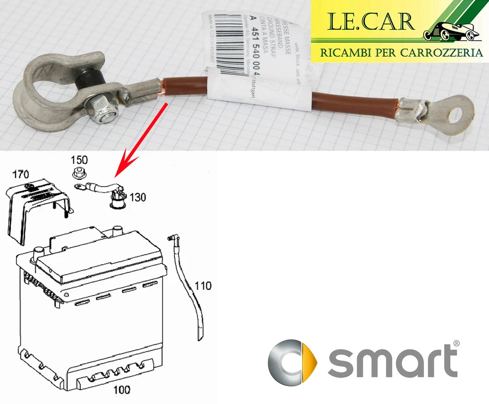 1 CAVO  CAVETTO A MASSA POLO NEGATIVO BATTERIA SMART FORTWO 451 7/2007 >10/2014 - Immagine 1 di 1