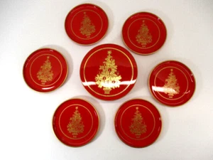 Vintage Otagiri Japan Weihnachtsbaum Untersetzer 6er Set Rot Kunststoffkoffer MCM Barwagen - Bild 1 von 21