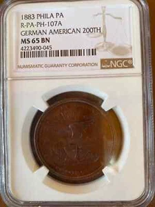 1883  RULAU  PHILA PA    R.PA-PH-107A    GERMAN AMERICAN 200TH    NGC MS65BN - Picture 1 of 6