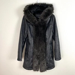 Donna Salyers Fabulous Furs Womens Small Faux Leather Hooded Jacket Coat Black - Picture 1 of 11