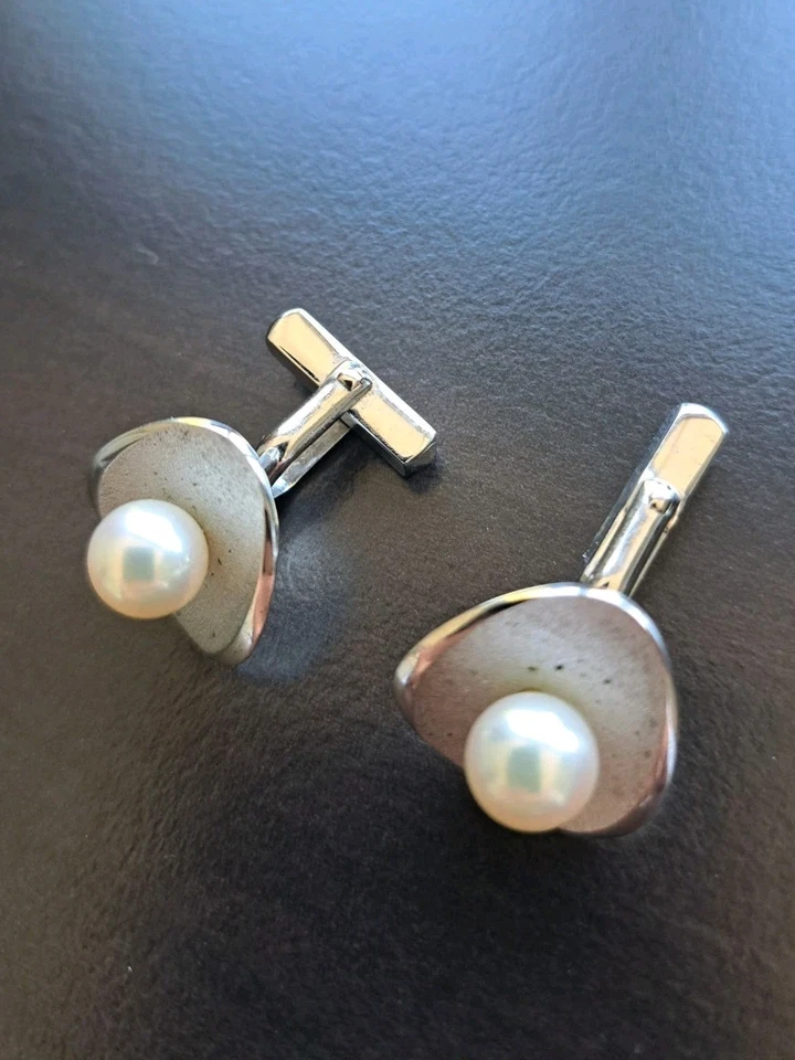 装饰艺术标记纯银 Akoya 珍珠袖扣免运费。  — 第 1/4 张图片