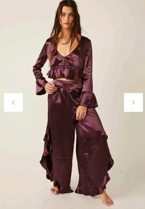 Free People Intimately Pajama 2pc Sleep Set Satin Purple Ruffles Medium - Picture 1 of 15