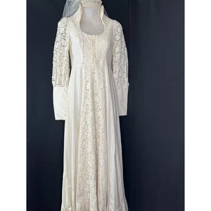 Maxi Vestido Crudo Vintage Boho Gunne Sax Nupcial Cottage Core Talla Pequeña con Velo - Imagen 1 de 16