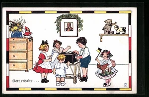 Postal de artista M.H.S.: Niños cantando bajo el retrato del emperador Francisco José I, Far - Imagen 1 de 2