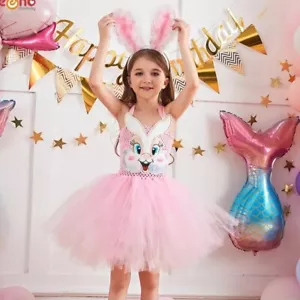 Pink Bunny Rabbit Fluffy Tutu Dress with Ears Headband Girls Birthday Party - Picture 1 of 6