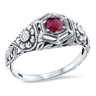 ANILLO DE PLATA ESTERLINA 925 DISEÑO ART NOUVEAU ESTILO CLÁSICO RUBÍ GENUINO #936 Foto 1 de 4