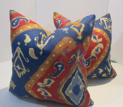 Beacon Hill Fabric, IKAT Pattern, Blue, Red & Tan, Pillow Covers, Linen, 16" Sq. - Image 1 of 4