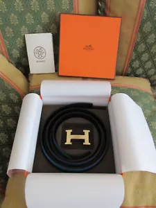 New Wendbarer Hermes Belt 95 cm Ledergürtel 32 mm H Reversible Black & Blue Gold - Bild 1 von 11