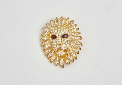 KENNETH J.L. Pin vintage, cabeza de león, tono dorado, vidrio ámbar, diamantes de imitación de cristal Foto 1 de 4