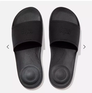 FitFlop Black iQushion Ergonomic Leather Slide Mens Shoes, All Black NEW 11 43 - Picture 1 of 13