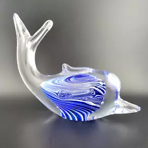 Art Glass Whale Hand Blown Figurine Blue Clear Paperweight Murano-Style Vintage - Picture 1 of 6